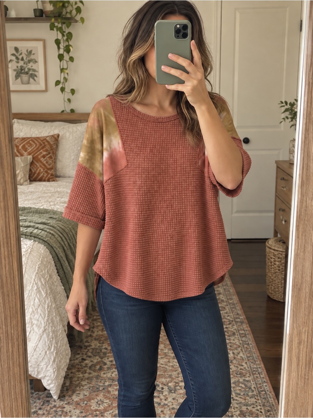 Waffle Knit Short Sleeve Top in Rust with Tie-Dye Accents